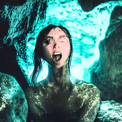 Image similar to photo inside a cavern of a wet reptilian humanoid rapper anime girl partially hidden behind a rock with black eyes open mouth and big teeth