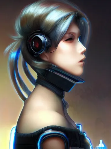 Image similar to detailed side profile anime painting of a black cyber punk girl, realistic, artstation, digital painting, in the style fo jisu, ayami kojima, artem demura