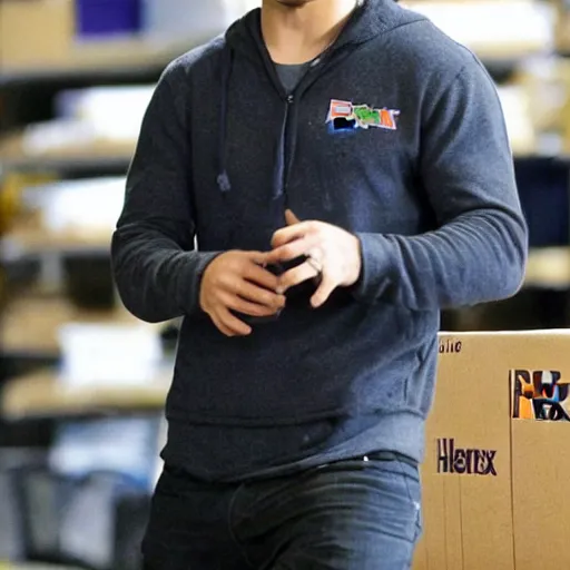 Prompt: charlie hunnam working in a fedex warehouse