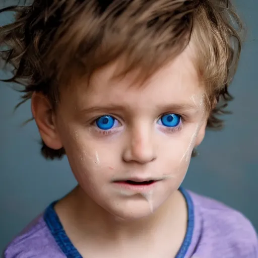 Prompt: close up of a adorable 6 year old little boy, wit messy hair, light blue eyes, staring in the camera -n 9