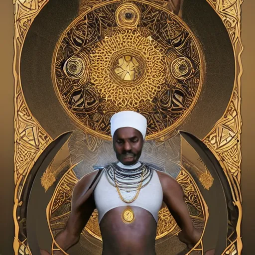 Image similar to symmetry!! an african moor wearing white robes and turban entering the voidspace. ornate, golden, steampunk stargate. front game card. marvel comics. dark. intricate. highly detailed. smooth. artstation. digital illustration by ruan jia, mandy jurgens, artgerm, wayne barlowe, greg rutkowski, and zdislaw beksinsk.