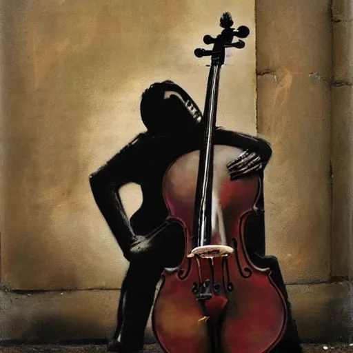 Prompt: cello violin concert art by banksy and frank frazetta