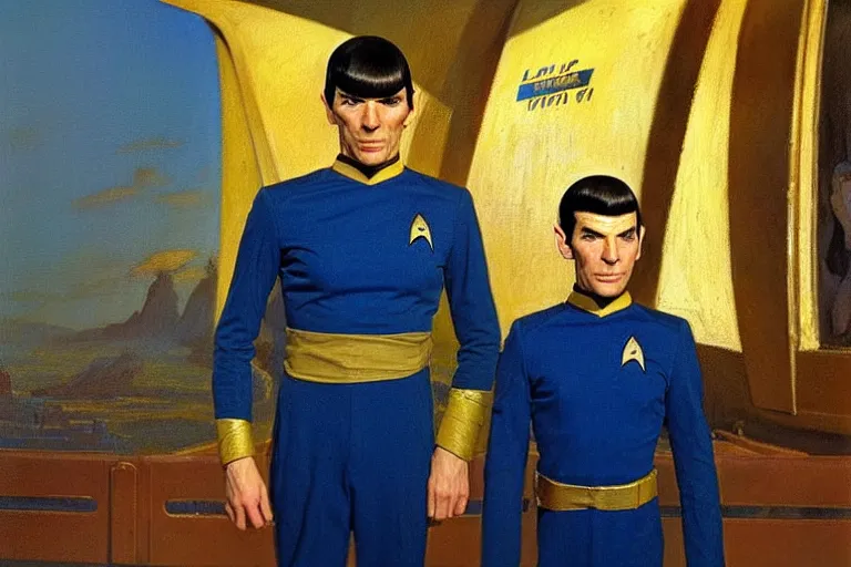 Image similar to young spock ( leonard nimoy ), the vulcan officer from star trek, in his blue and gold uniform, standing on the bridge of the enterprise. oil painting in the style of edward hopper and ilya repin gaston bussiere, craig mullins. warm colors. detailed and hyperrealistic.