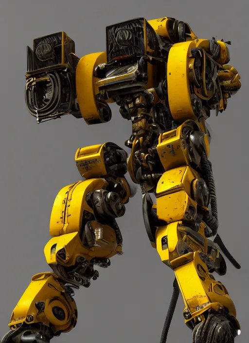 Prompt: a photorealistic dramatic hyperrealistic render of a futuristic exosuit power loader heavy machinery, ultra realistic details, glossy yellow, well worn, rust, oil stains by vitaly bulgarov and mike nash, beautiful dramatic dark moody tones and lighting, cinematic atmosphere, studio lighting, global illumination, shadows, dark background, octane render, 8 k