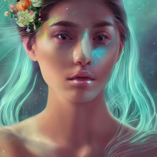 Image similar to high detail portrait of a beautiful woman with her hair down and surrounded by soft florals, vaporwave lighting, dewy skin, concept art, beautiful