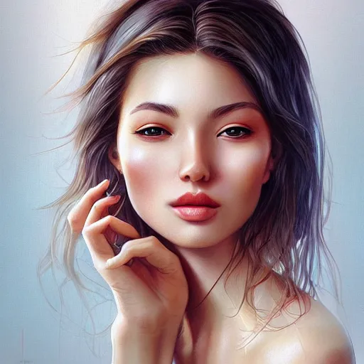 Image similar to a mouth a bit open, two eyes half closed, half a smile on her soul, a beautiful portrait on the wall. by artgerm and Alina Ivanchenko