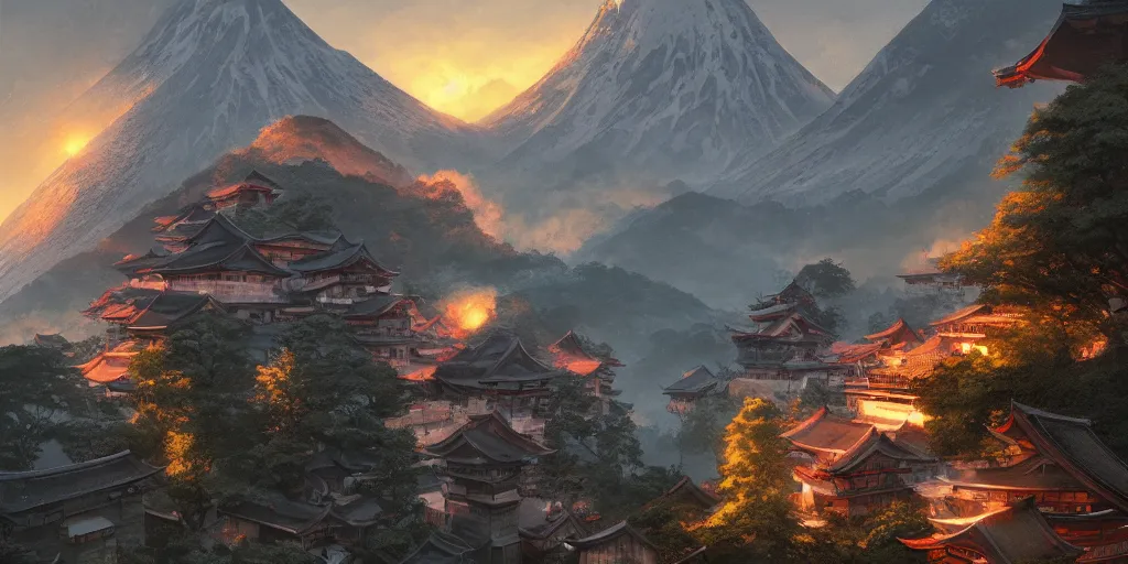 Prompt: a powerful japanese village high in mountains, fanart artstation global illumination rtx hdr fanart arstation 3 d, volcano, mystical power steam, concept art by greg rutkowski and laurie greasley, fantastic landscape, 8 k, cinematic color grading