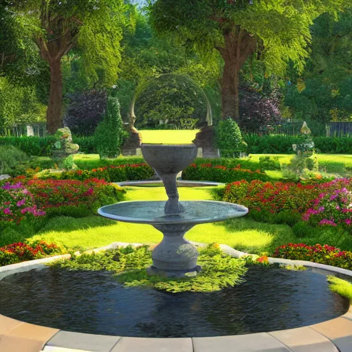 Image similar to A beautiful and serene garden, with a bubbling fountain in the center, and a variety of flowers and plants all around, rendered in unreal engine, 4k resolution, Bloom effect, photorealistic, professional grade, professional photo.