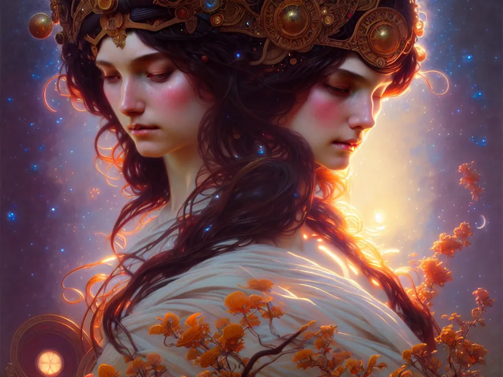 Prompt: ultra realistic, cosmic goddess, intricate details, eerie, awakening, artstation, highly detailed, photorealistic, hyperrealism, 8k, art by artgerm and greg rutkowski and alphonse mucha