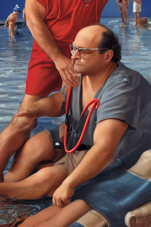 Image similar to george costanza being saved by a lifeguard oil on canvas, intricate, portrait, 8 k highly professionally detailed, hdr, cgsociety