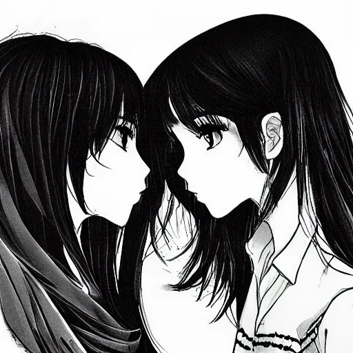 Image similar to portrait of two girls kissing, detailed manga art