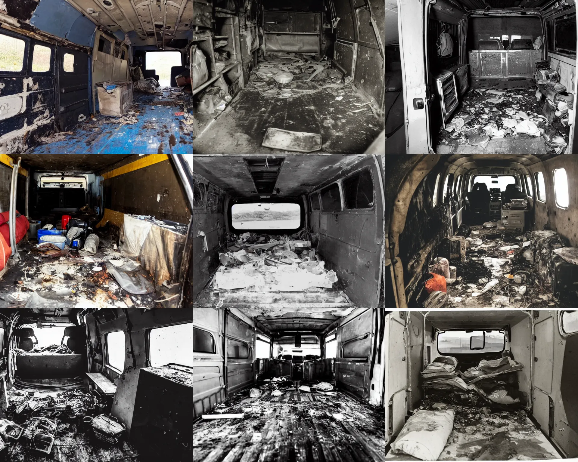 Prompt: photo of interior view of the cargo compartment of a van, filthy, documentary photograph