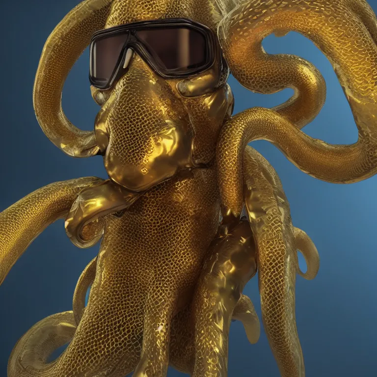 Image similar to octane render portrait by wayne barlow and carlo crivelli and glenn fabry, subject is a futuristic scuba diver wrapped up in and completely covered by giant long shiny reflective golden octopus tentacles, cinema 4 d, ray traced lighting, very short depth of field, bokeh