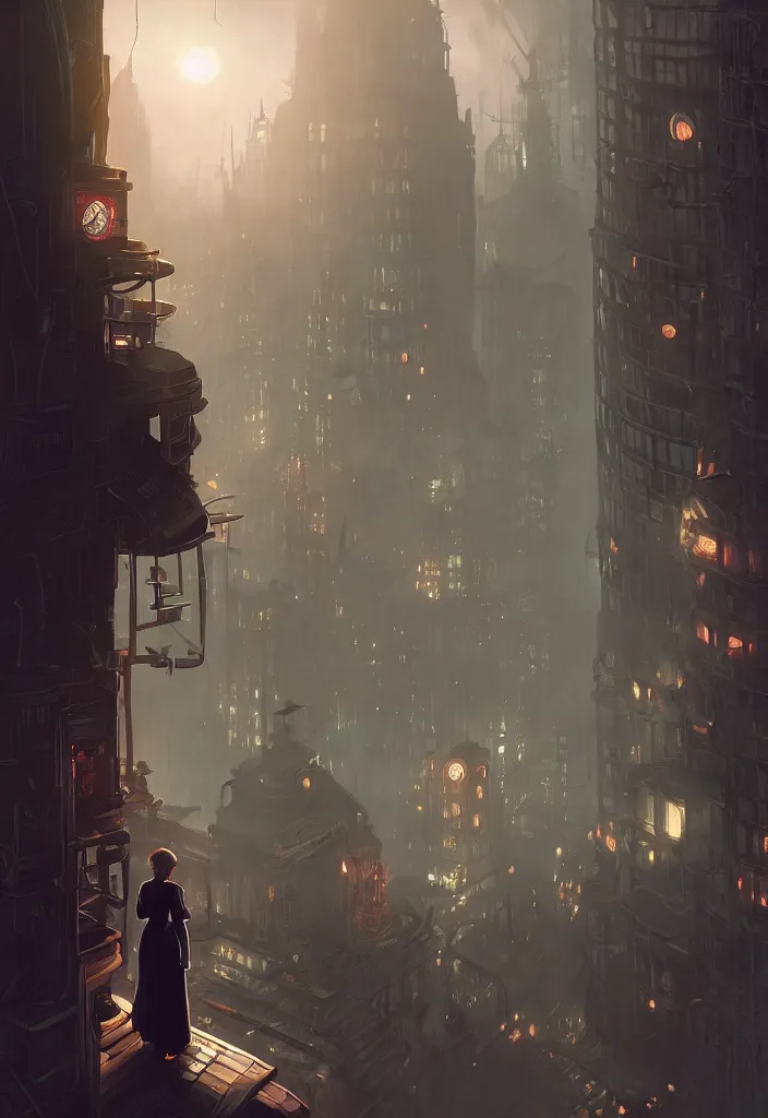 Image similar to a concept art painting of bioshock style city with a woman with back to camera looking out of a window by tuomas korpi, pablo carpio, gilles beloeil, cedric peyravernay, trending on artstation, highly detailed, atmospheric, directional lighting, cinematic