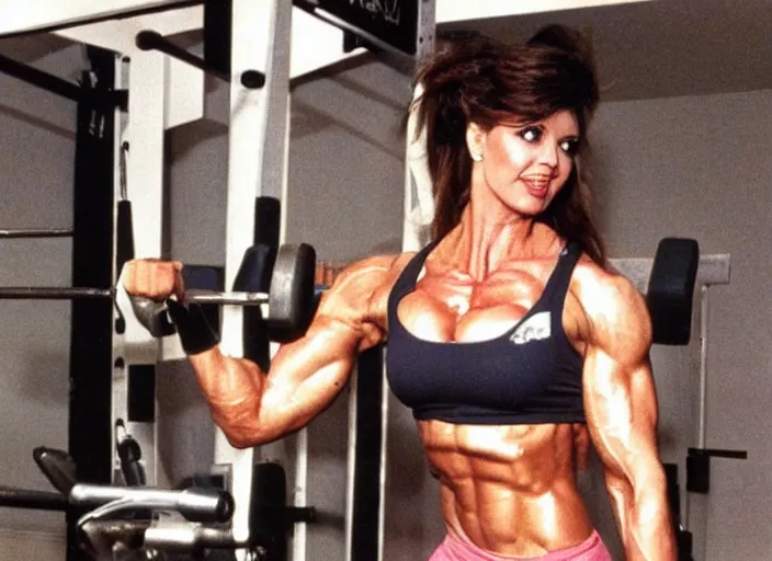 Image similar to Photos from the 80's. A muscular woman is working out in the gym.