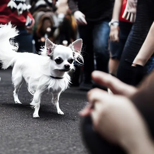 Prompt: crowd running away in panic from a black-and-white long-haired chihuahua