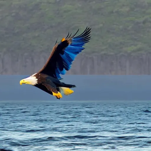 Prompt: photograph of a blue eagle diving into the ocean, shot from underwater