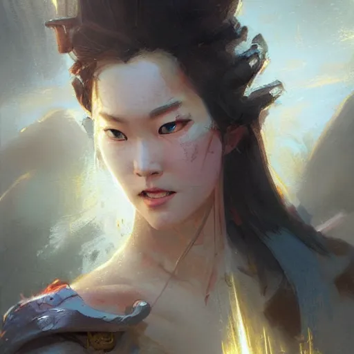 Image similar to god emperess mulan in the style of craig mullins, greg rutkowski, peter mohrbacher, and drew struzan. epic, majestic, awe inspiring, god rays, fissures, divine, church painting, intricate armor, extreme detail, high octane,