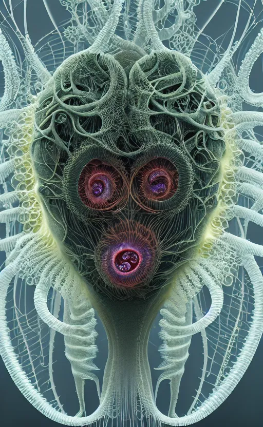 Image similar to portrait intricate mask, eagle coral, jelly fish, mandelbulb 3 d, fractal flame, octane render, cyborg, biomechanical, futuristic, by ernst haeckel