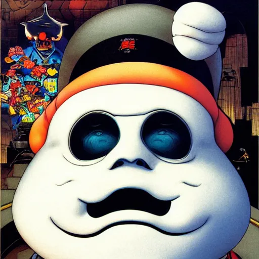 Image similar to portrait closeup of crazy stay puft marshmallow man, symmetrical, by yoichi hatakenaka, masamune shirow, josan gonzales and dan mumford, ayami kojima, takato yamamoto, barclay shaw, karol bak, yukito kishiro
