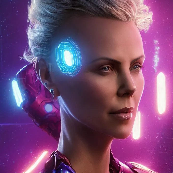 Image similar to portrait of ((Charlize Theron)), wearing The Infinity Gauntlet. SNAP. intricate artwork. octane render, trending on artstation, avengers. thanos. cinematic, hyper realism, high detail, octane render, 8k, iridescent accents