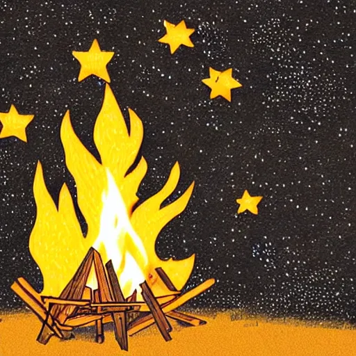 Prompt: a comfy crackling campfire in front of a very dark background of yellow illustrated stars, astrophotography, warm muted colors, cut paper collage with photograph and illustration