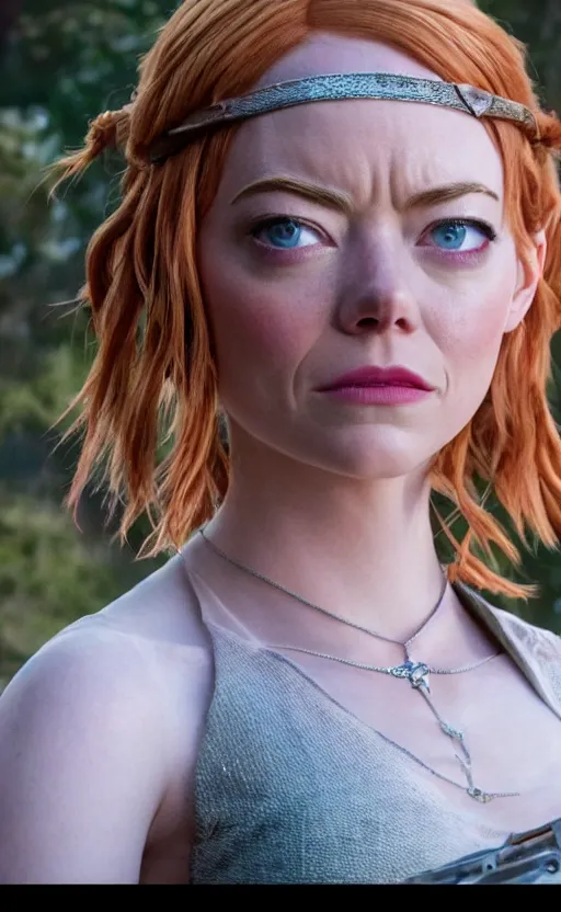 Image similar to epic cinematic still of live action chrono trigger movie, emma stone as marle, 8 k, 8 5 mm