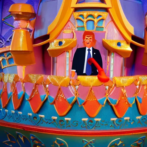 Image similar to a child puppet in the its a small world ride at disneyland that looks like donald trump, highly detailed, high definition, ultra realistic