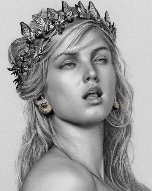 Prompt: beautiful aphrodite greek goddess wearing a golden laurel wreath and arrowhead earrings, hyper - realistic pencil drawing, beautiful piercing eyes with sharp pupils, beautiful blonde hair, in the style of greg rutkowski, fantasy, amazing detail, epic, elegant, smooth, sharp focus