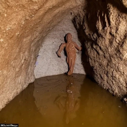 Prompt: found footage of a humanoid made of wet clay emerging from a wall inside of a cave made of wet clay, creepy, flash photography, unsettling, moist, low quality