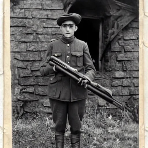 Image similar to old wartime photograph of harry potter holding a lewis gun, 1 9 1 7