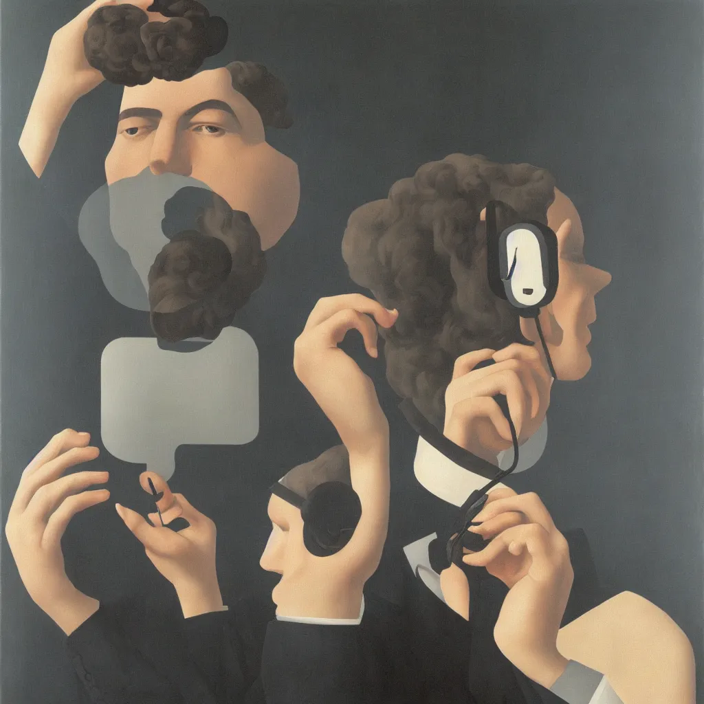 Image similar to i, a man wearing headphone and playing his iphone, by rene magritte