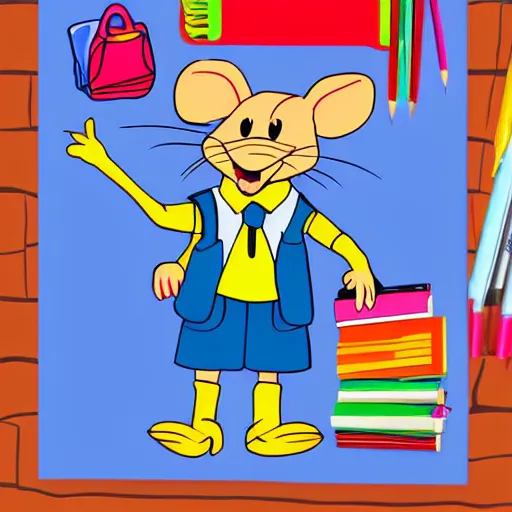 Prompt: cartoon of a rat in school uniform on his first day of school, highly detailed, colourful, disney