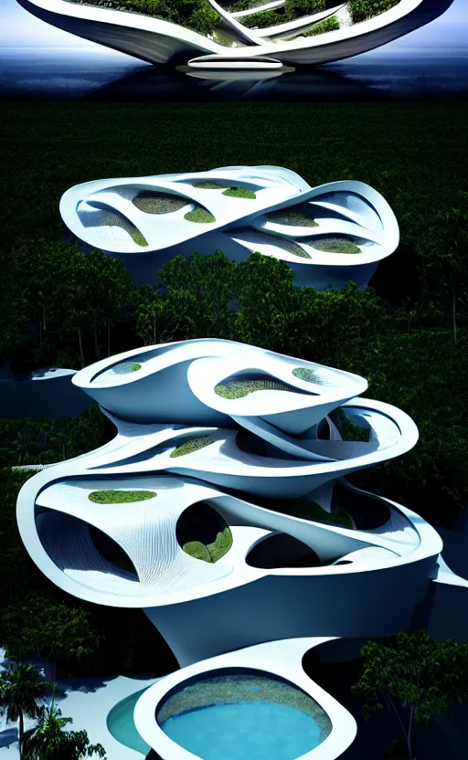 Image similar to villa parametric architecture fluid design, vincent callebaut well - defined style, ultra detailed, monochromatic, natural lighting, volumetric lighting, generative art nebula, cinematic, photo realistic, hyper real, surreal design, flow everywhere, walls made of crystal clear water, droplets on the walls, black metal, magnesium, 8 k,