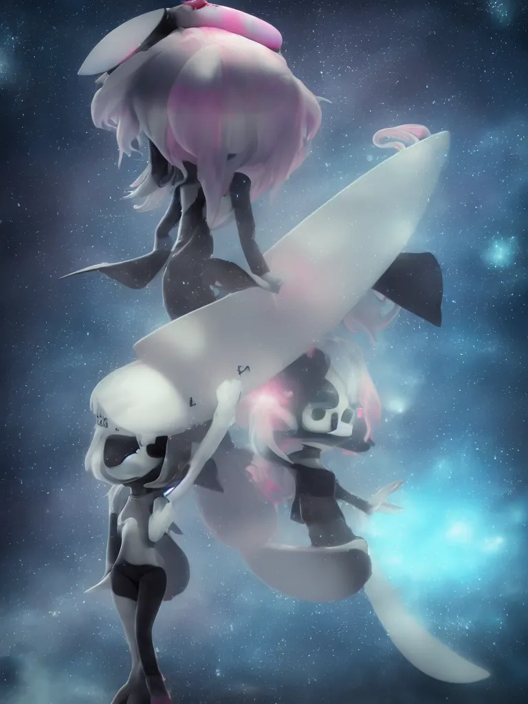 Prompt: cute fumo plush gothic maiden alien girl riding on a surfboard in the waves of the dark galactic abyss, splash, refractive optics, vignette, vray