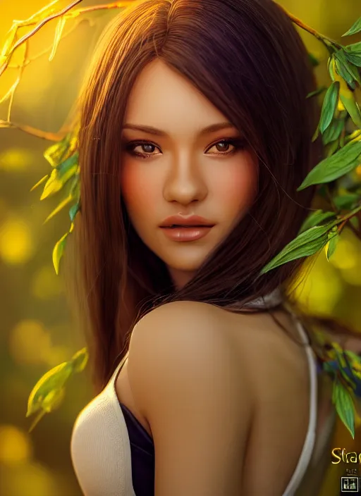 Image similar to photo of a gorgeous female in the style of stefan kostic, realistic, half body shot, sharp focus, 8 k high definition, insanely detailed, intricate, elegant, art by stanley lau and artgerm, extreme bokeh light spring foliage