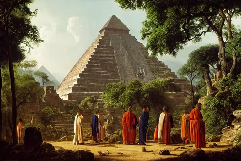 Image similar to Priests gathering at Aztec pyramid in jungle by Ludwig Deutsch and Rudolf Ernst, strong dramatic cinematic lighting, lost civilizations, smooth, sharp focus, extremely detailed