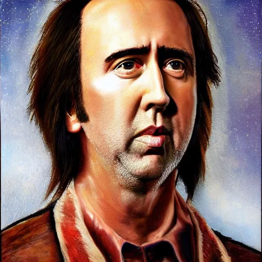 Image similar to nic cage fused with a horse, buff, painted portrait, highly detailed,