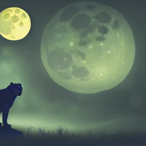 Image similar to a panther roaring at the moon in a forest during the night, large moon in the center. artistic. illustration. 4 k. cinematic. photoreal. dark colors. night.