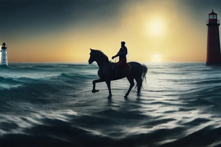 Image similar to photo of man riding a horse along the beach, glowing underwater waves toward a lighthouse in the distance guiding his way, silhouette, wide horizon, large white clouds, night, intricate, elegant, highly detailed, digital painting, artstation, concept art, smooth, sharp focus, illustration, art by artgerm and greg rutkowski and fra angelico