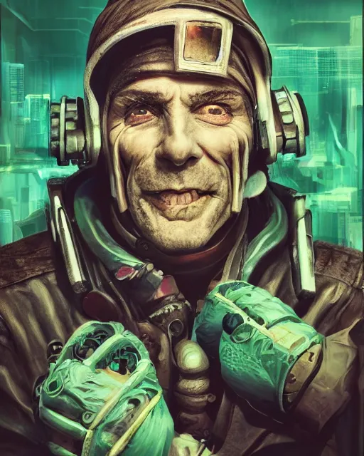 Image similar to an intimate portrait of a gnarly human cyberpunk captain, old skin, faded hat, crooked teeth, green eyes, a look of menace, detailed matte fantasy painting