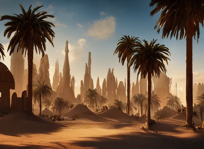 Prompt: architectural cover concept art of the lost sand city, ruins, golden towers, golden pillars, palm trees, dramatic, huge scale, digital art, art station, unreal engine 8k