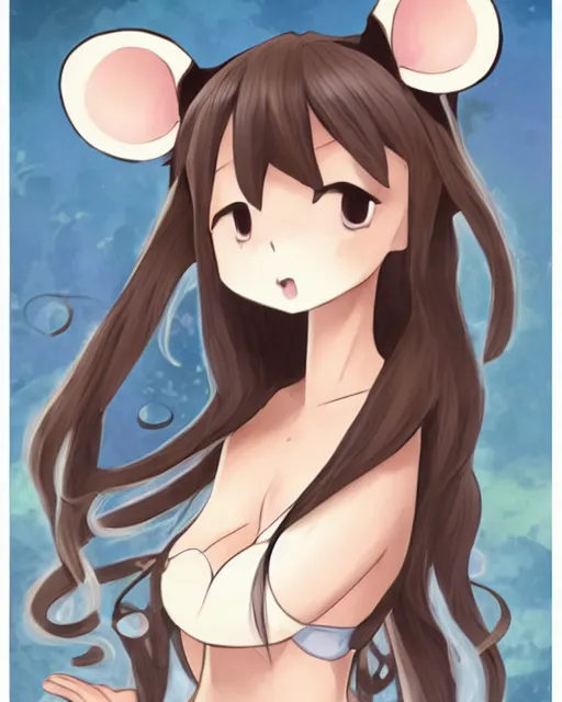 Prompt: A cute wakfu-style frontal painting of a very very beautiful anime skinny mousegirl with long wavy brown colored hair and small mouse ears on top of her head wearing a cute black dress and black shoes looking at the viewer, elegant, delicate, feminine, soft lines, higly detailed, smooth , pixiv art, ArtStation, artgem, art by alphonse mucha Gil Elvgren and Greg rutkowski, high quality, digital illustration, concept art, very long shot, game character