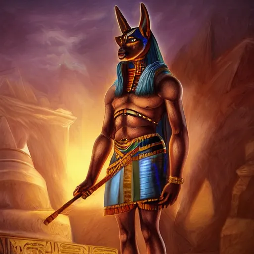 Image similar to Anubis God, Egyptians decor, very detailed, artstation, illustration, masterpiece, digital art, Oil Painting, Furry Art