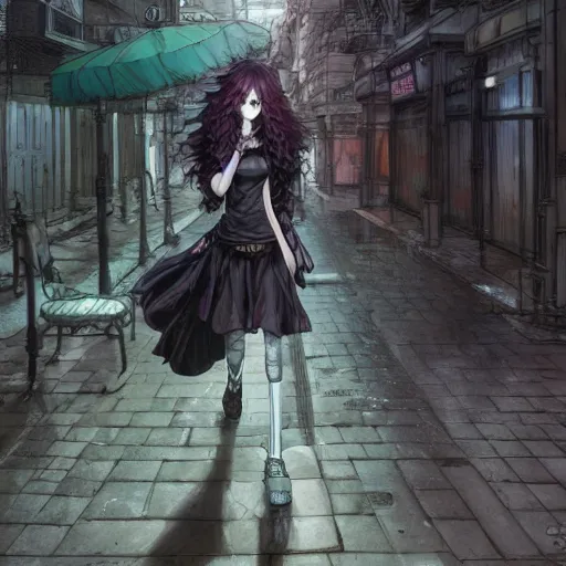 Image similar to goth woman walking on the street, color page, tankoban, 4 k, tone mapping, akihiko yoshida, james jean andrei riabovitchev marc simonetti, yoshitaka amano, long hair, curly, h. hydrochaeri