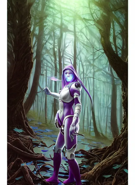 Image similar to hyper realistic pale woman with purple hair in sci - fi cybernetic armor, sylvanas windrunner in the woods in a river gorgeous lighting, lush forest foliage blue sky a hyper realistic ink drawing by chiara bautista and beksinski and norman rockwell and greg rutkowski, tom bagshaw weta studio, and lucasfilm