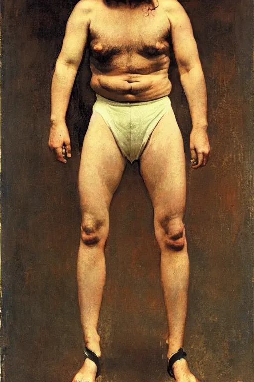 Image similar to body portrait of actor vincent elbaz posing as a wrestler, colour painting by norman rockwell, guidi prime background by carl spitzweg