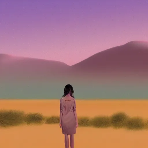 Prompt: a girl stood in the beautiful desert, pondering the mountains in the distance, peaceful pastel palette, matte painting