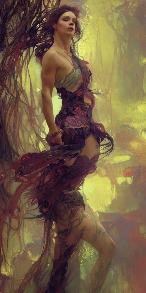 Image similar to an intricate painting of an artistic pose beautiful young lady muse with an artistic pose, hyper - detailed, octane render, vivid colors, artstation, by jeremy mann, by alphonse mucha, by boris vallejo, by gustav klimt