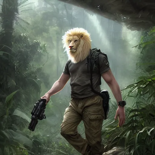 Image similar to commission portrait of a male anthro albino lion,wearing cargo pants and a boack t-shirt,going through a jungle cautiously.dramatic,character design by charles bowater,greg rutkowski,ross tran,hyperdetailed,hyperrealistic,4k,deviantart,artstation,professional photography,concept art